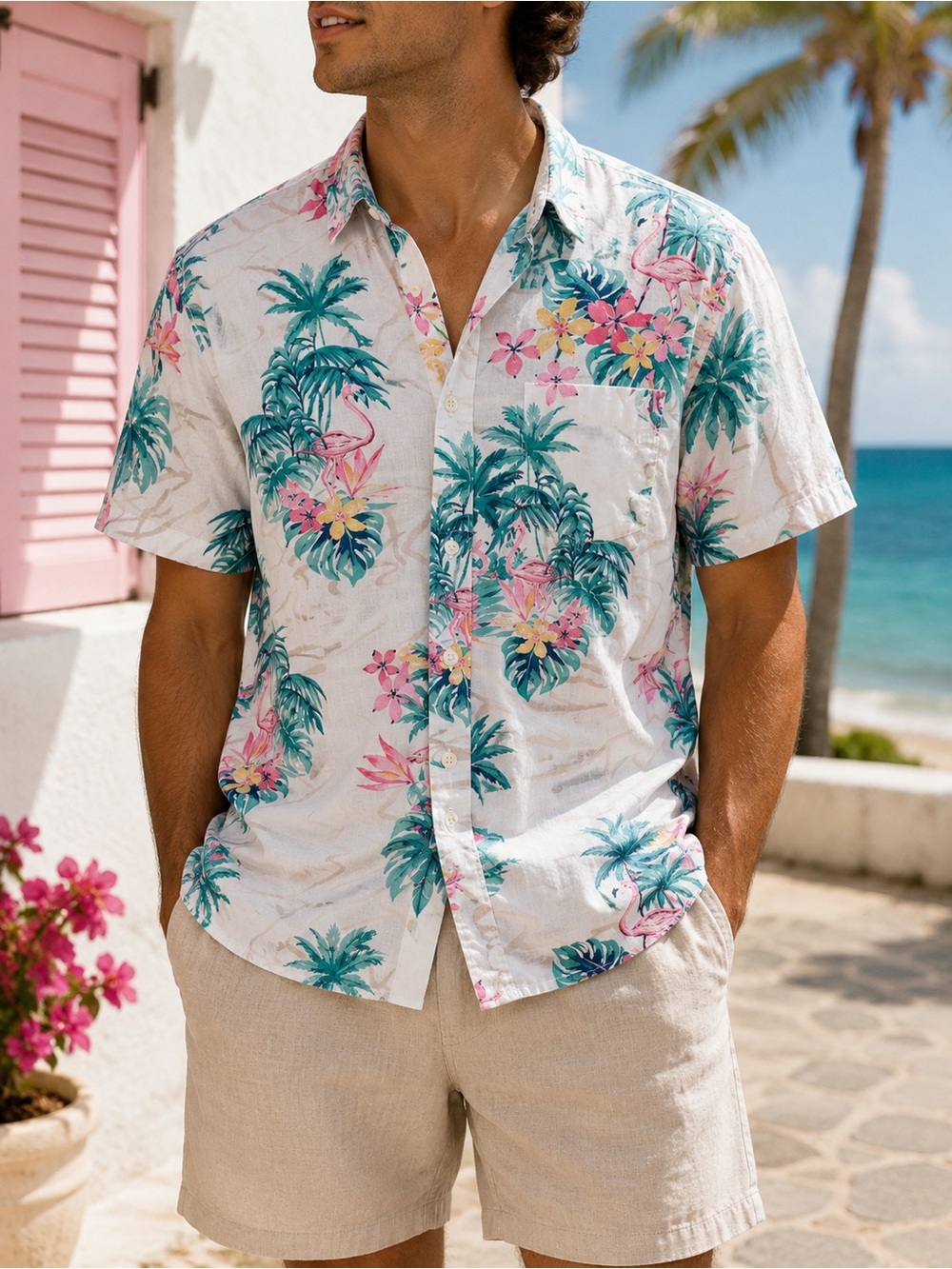 American Eagle Tropical Flamingo Hawaiian Camp Shirt Cotton White Pink Men’s L